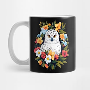 Cute Snowy Owl Surrounded by Bold Vibrant Spring Flowers Mug